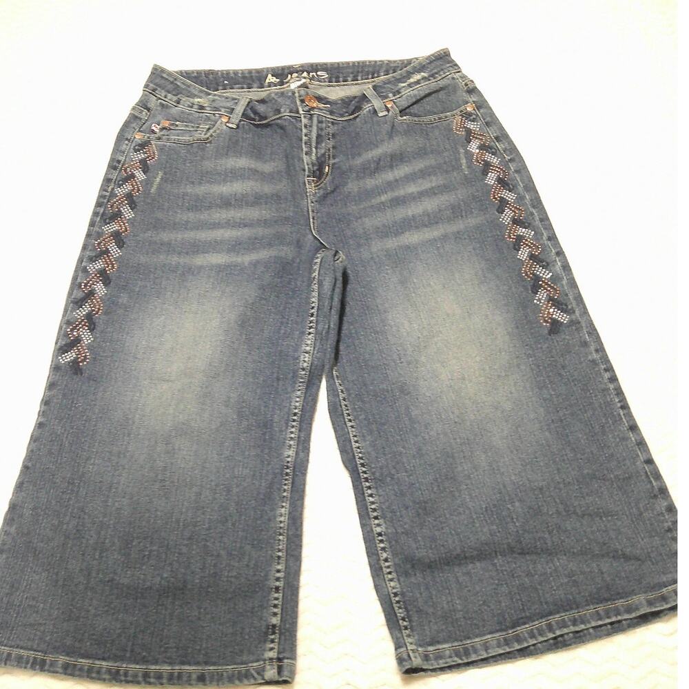 AB Jeans Women's Size 16 Blue Denium Capris Braided Rhinestone Embellished Y2K